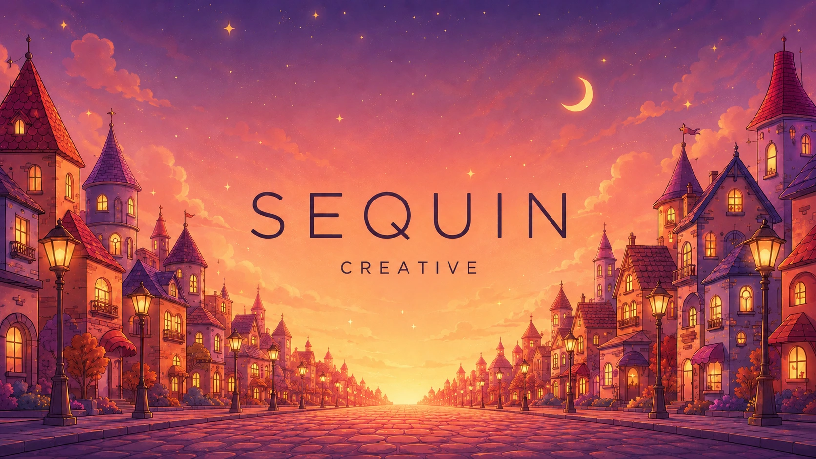 Warm twilight townscape with the words SEQUIN CREATIVE in the sky